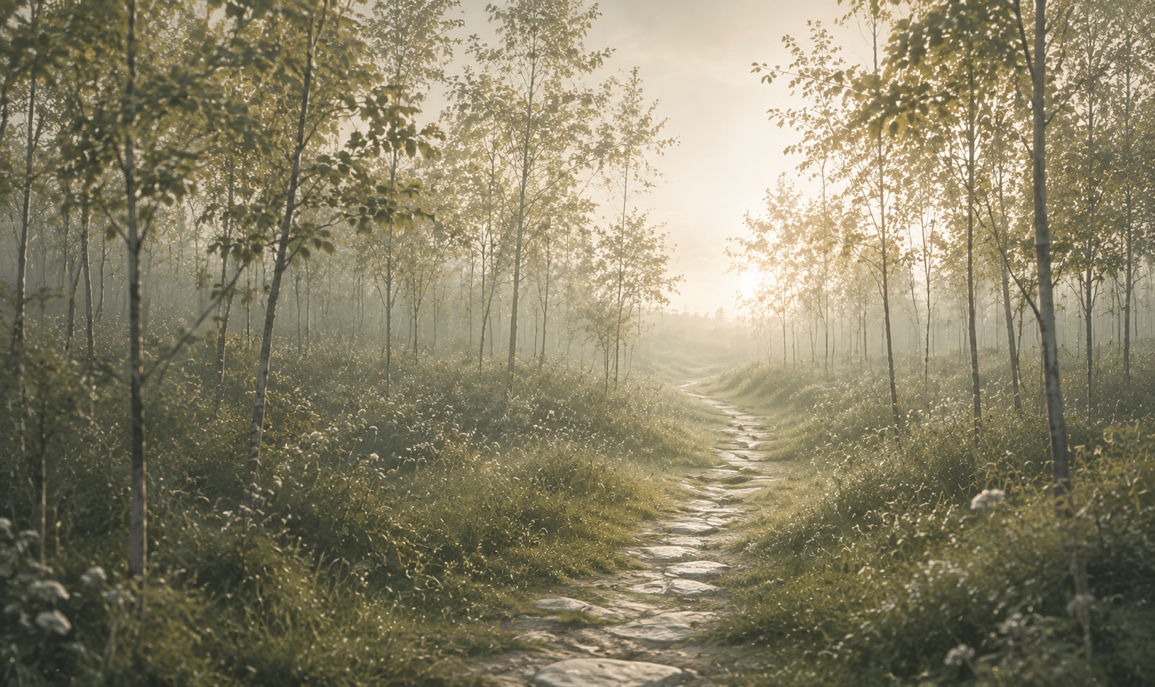 Heller Waldweg zwischen Birken, der in eine offene Lichtöffnung führt