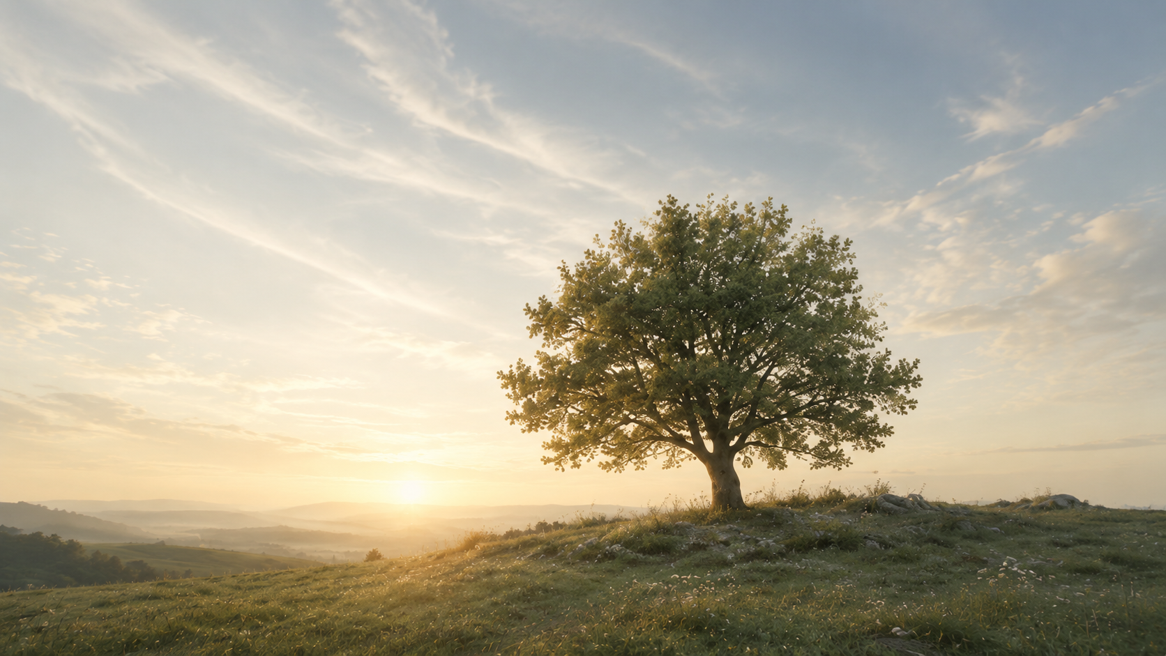 Einzelner kraftvoller Baum auf einer weiten Wiese im warmen Abendlicht