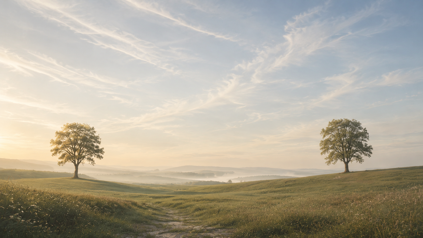 Zwei Bäume in sanft geschwungener Landschaft unter weichem Morgenhimmel