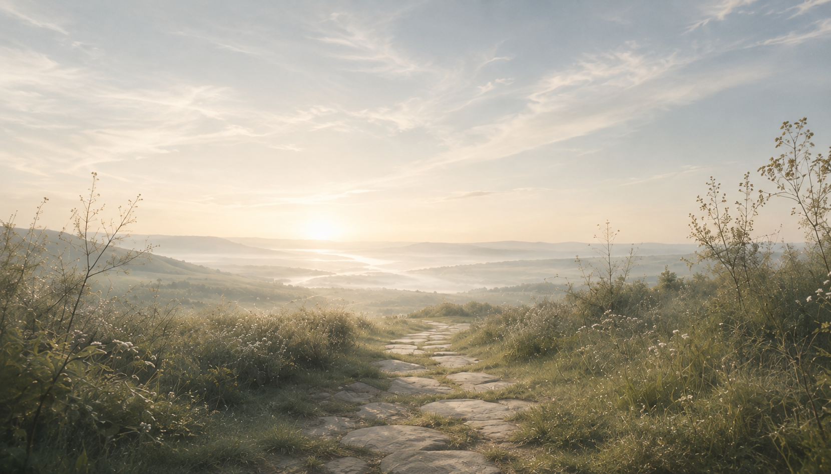 Steinweg, der durch eine weite Landschaft in das offene Morgenlicht führt