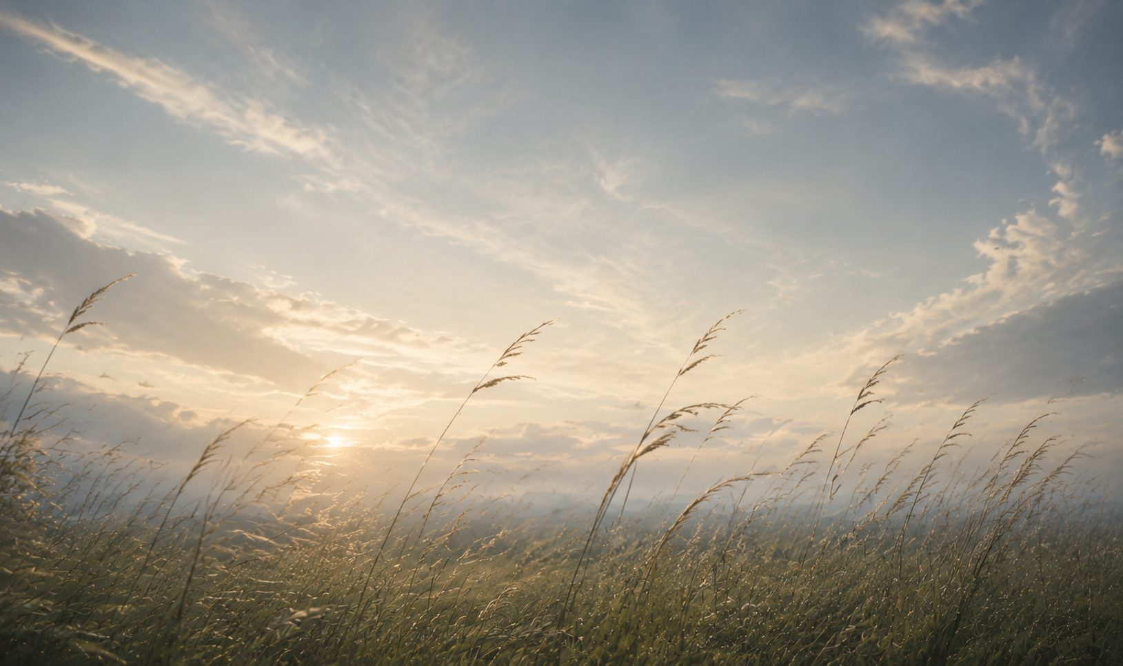 Hohe Gräser im Wind vor einem weichen Abendhimmel