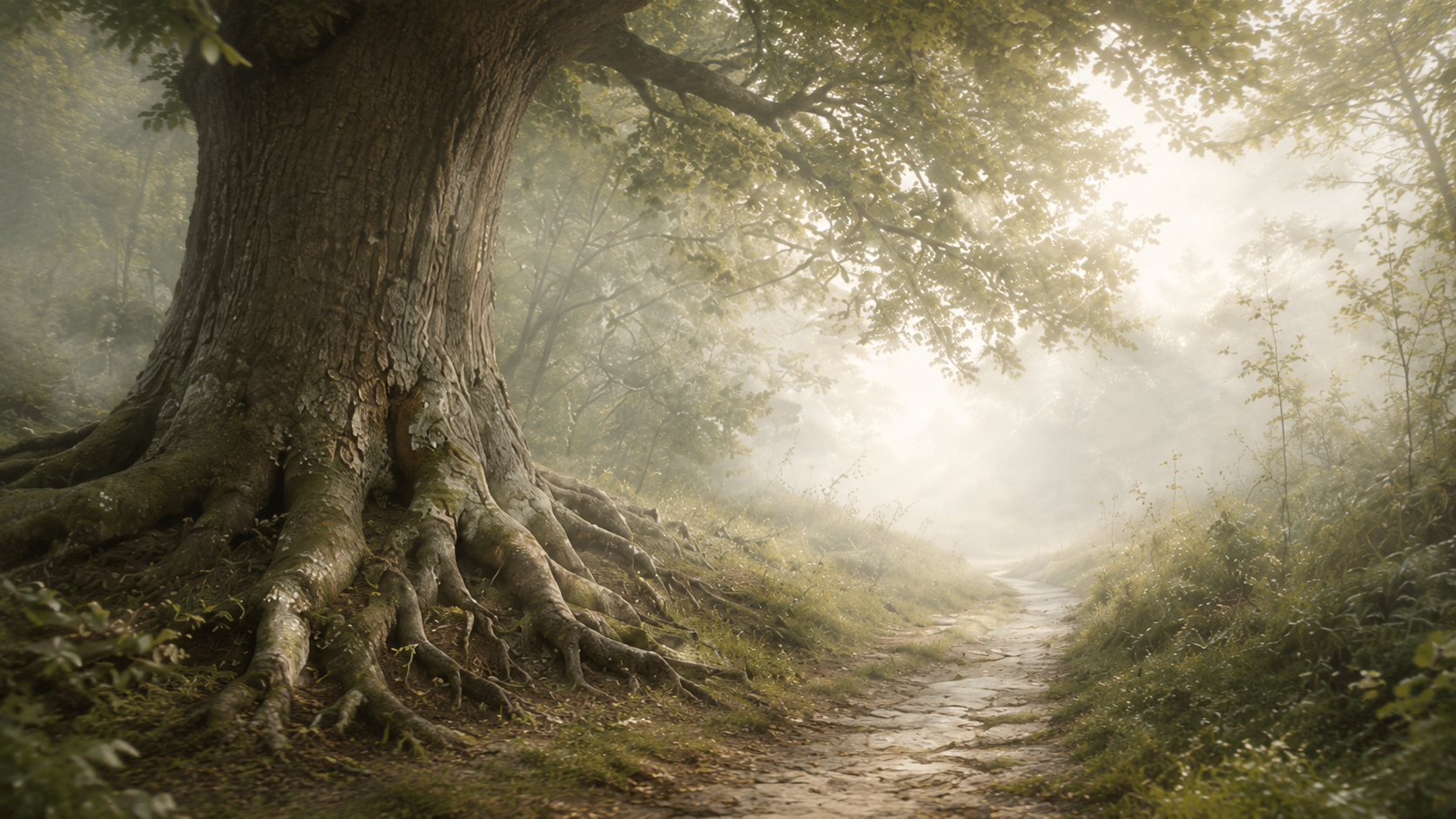 Mächtiger alter Baumstamm mit weit verzweigten Wurzeln an einem stillen Waldweg