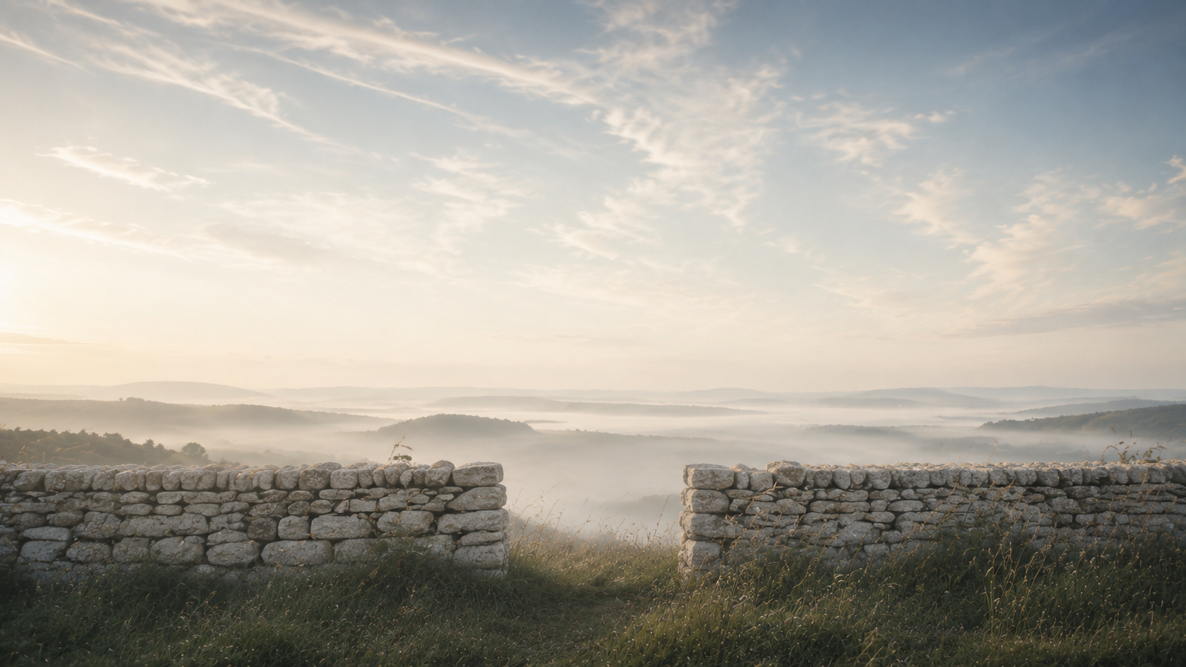 Nebelige Hügellandschaft im warmen Morgenlicht, von einer alten Steinmauer gerahmt