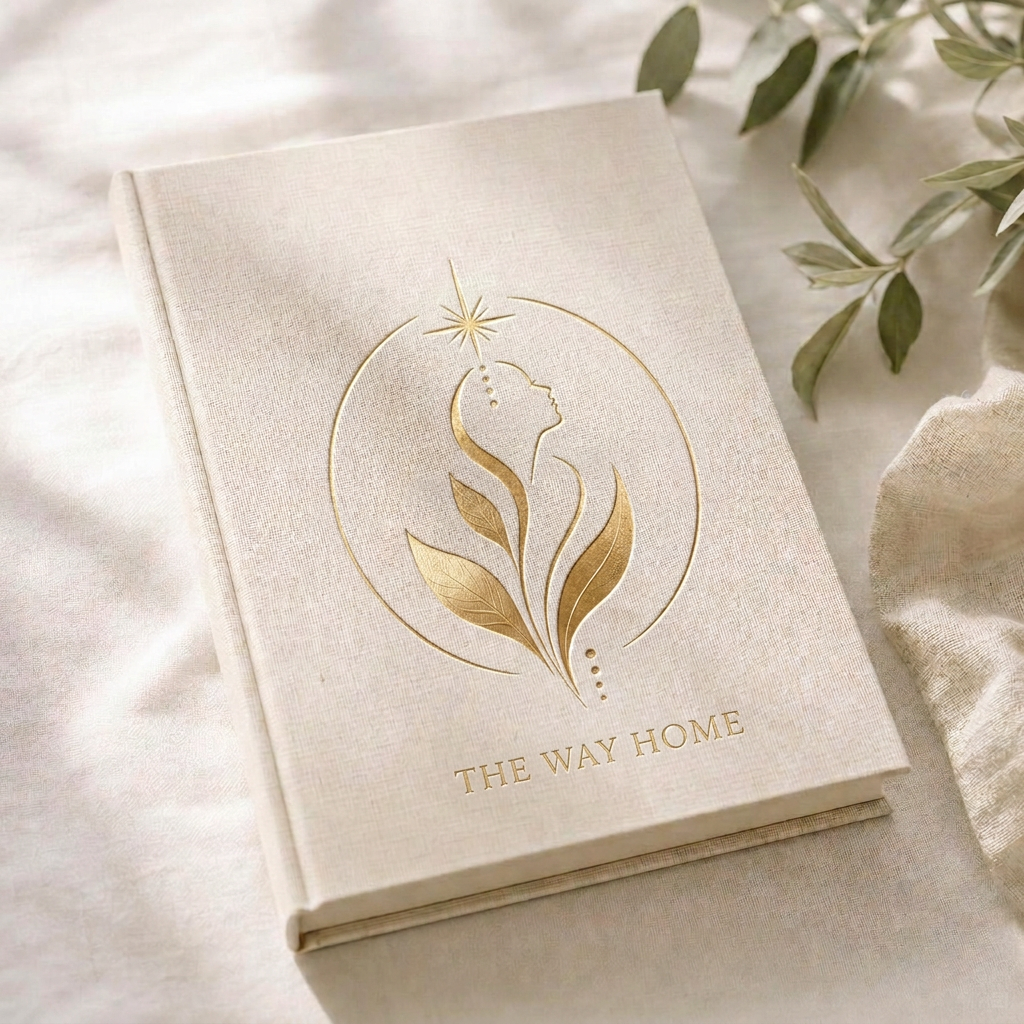Ein elfenbeinfarbenes Leinenbuch mit fein goldgeprägtem THE WAY HOME Logo im weichen Morgenlicht