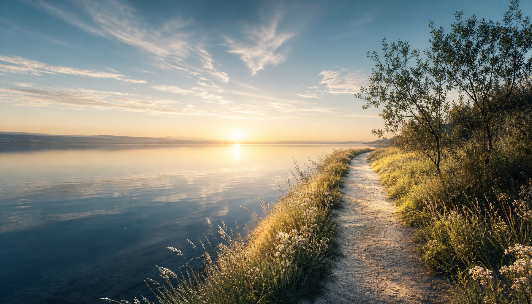 Stiller See mit hellem Uferweg, sanften Hügeln und warmem Licht am weiten Horizont