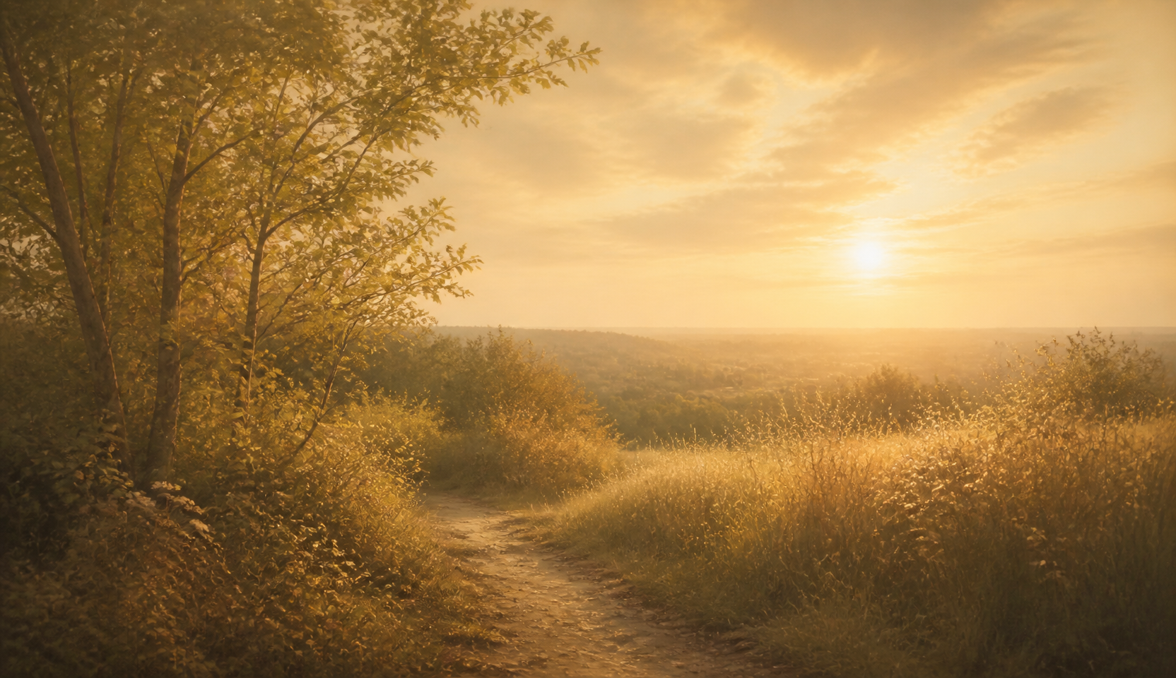 Ein sanfter Septemberabend mit warmem goldenem Licht über einem stillen Weg durch hohes Gras
