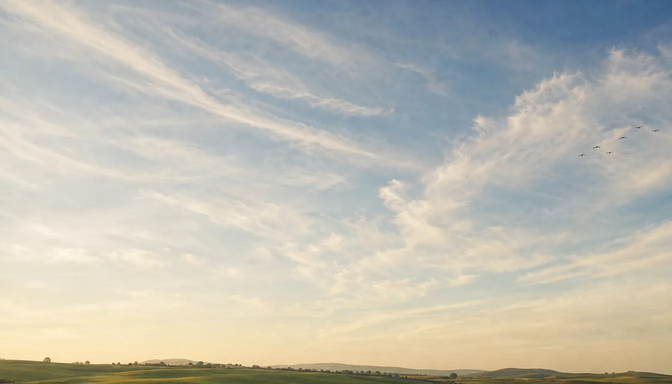 Weiter Himmel mit wenigen Vögeln über einem ruhigen Horizont