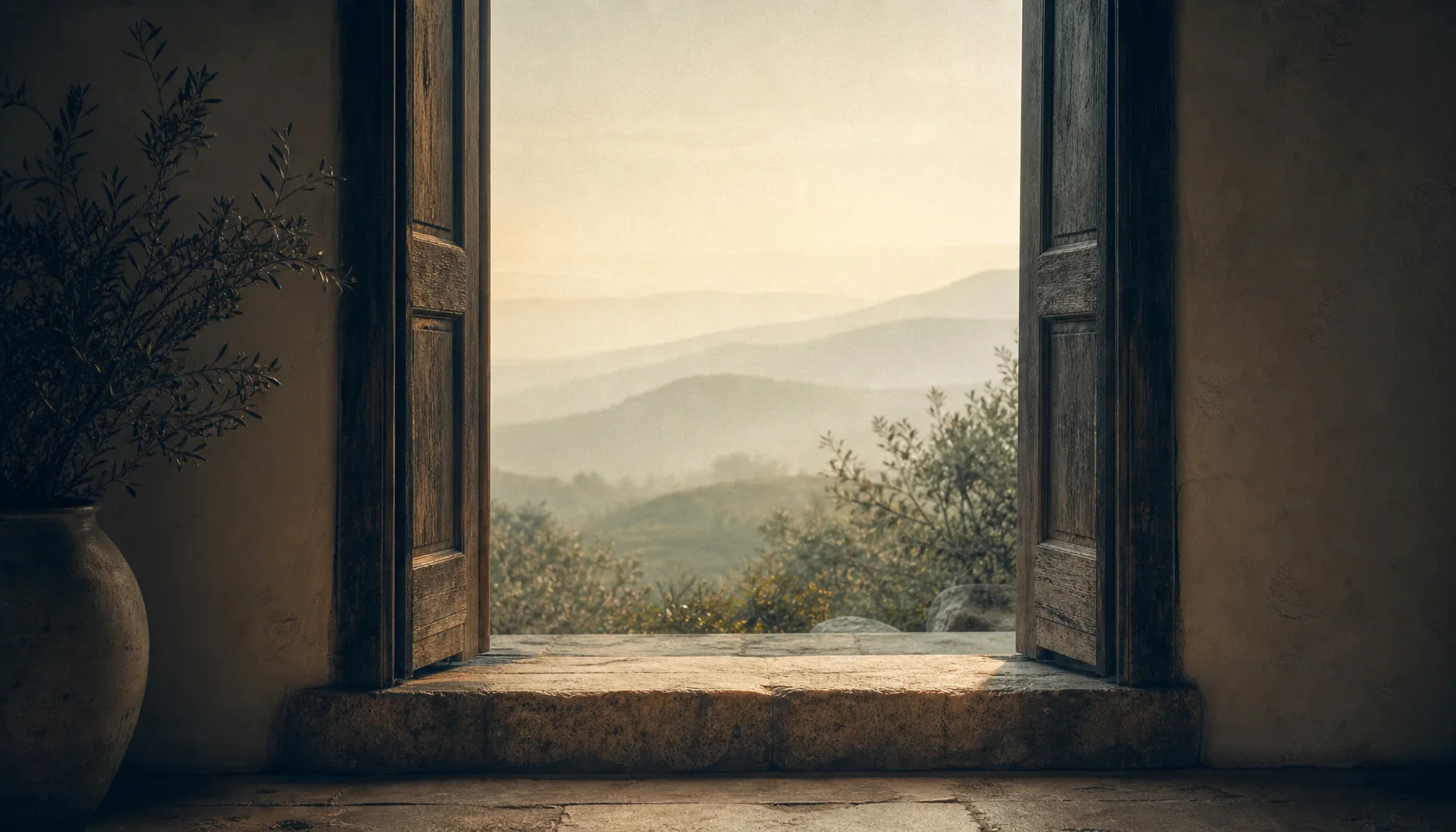 Offene Schwelle mit Blick in eine helle, weite Landschaft